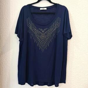 Moa Moa Women’s 2XL Navy Blue Studded Semi Sheer Lightweight Short Sleeve Top